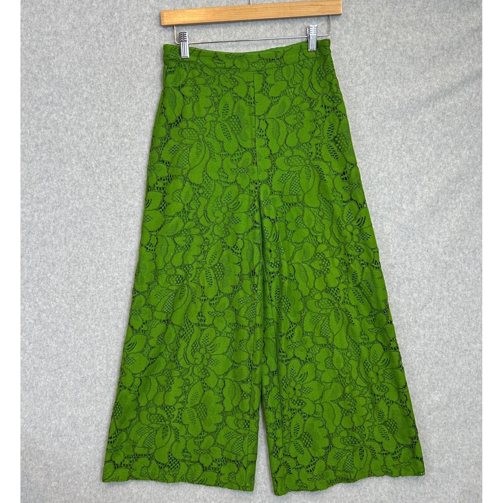H&M Spring Green Wide Leg Culottes Pants Floral Lace High Waist Trousers Size 4